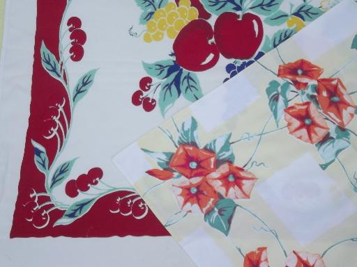 photo of vintage print cotton tablecloths, retro 40s 50s kitchen tableloth lot #2