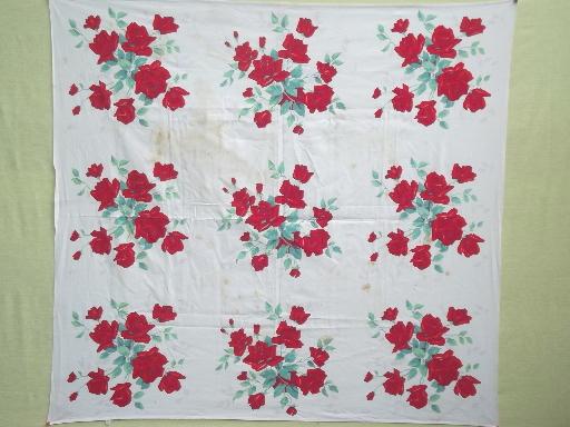 photo of vintage print cotton tablecloths, retro 40s 50s kitchen tableloth lot #3