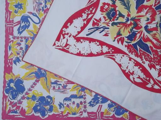 photo of vintage print cotton tablecloths, retro 40s 50s kitchen tableloth lot #11