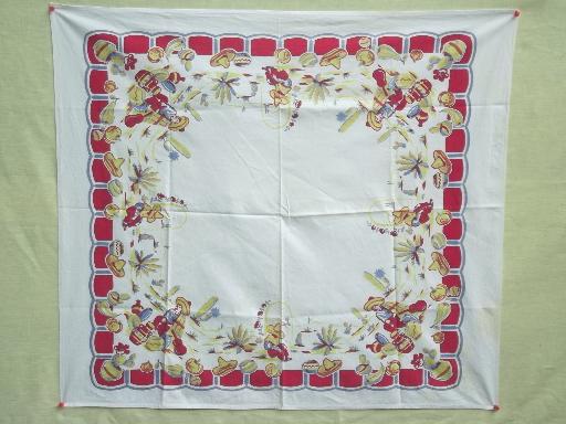 photo of vintage print cotton tablecloths, retro 40s 50s kitchen tableloth lot #15