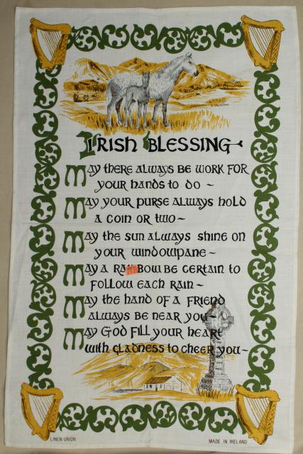 photo of vintage print linen tea towel w/ Irish blessing, souvenir of Ireland #1