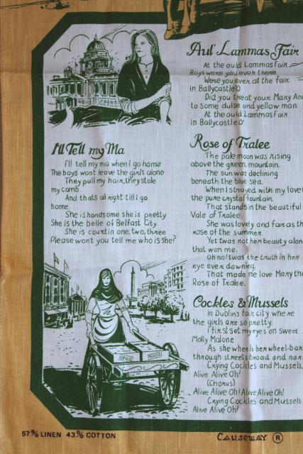 photo of vintage print linen tea towel, Irish songs and ballads lyrics, souvenir of Ireland #2