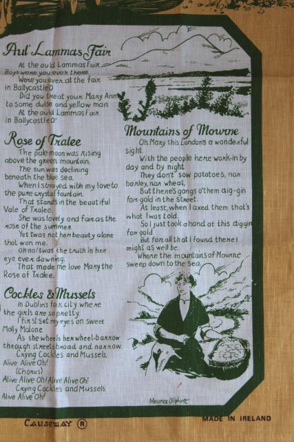 photo of vintage print linen tea towel, Irish songs and ballads lyrics, souvenir of Ireland #3