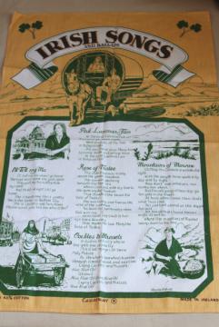 catalog photo of vintage print linen tea towel, Irish songs and ballads lyrics, souvenir of Ireland