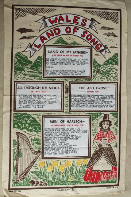 photo of vintage print linen tea towel, Welsh songs and ballads lyrics, souvenir of Wales #1