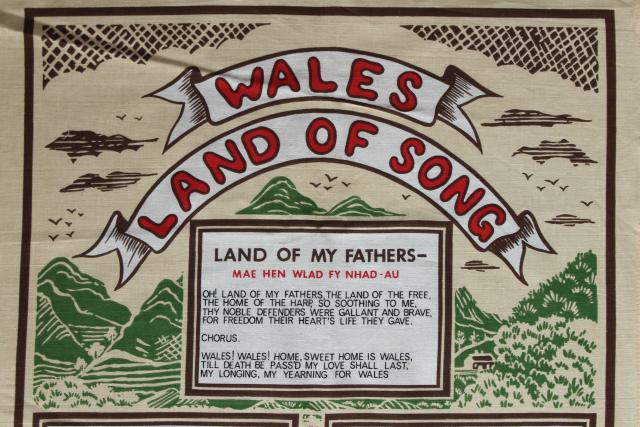 photo of vintage print linen tea towel, Welsh songs and ballads lyrics, souvenir of Wales #2