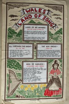 catalog photo of vintage print linen tea towel, Welsh songs and ballads lyrics, souvenir of Wales