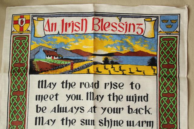 photo of vintage print linen tea towel, good luck Irish blessing, souvenir of Ireland #3