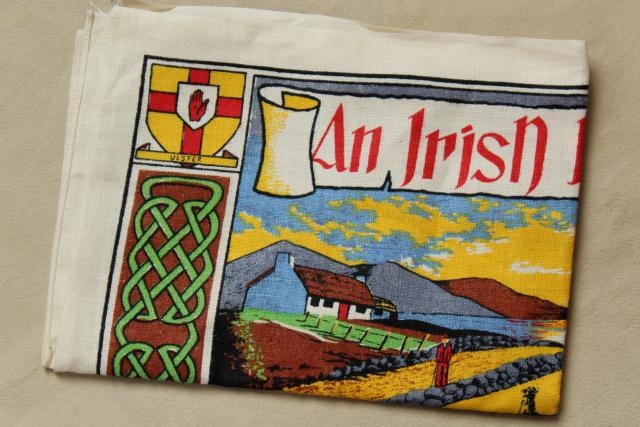 photo of vintage print linen tea towel, good luck Irish blessing, souvenir of Ireland #7