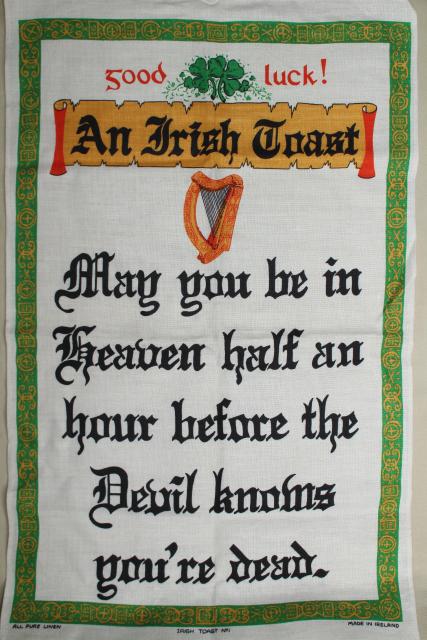 photo of vintage print linen tea towel, good luck Irish toast, souvenir of Ireland #1