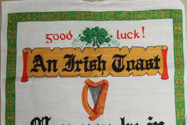 photo of vintage print linen tea towel, good luck Irish toast, souvenir of Ireland #2