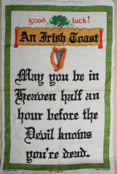 catalog photo of vintage print linen tea towel, good luck Irish toast, souvenir of Ireland