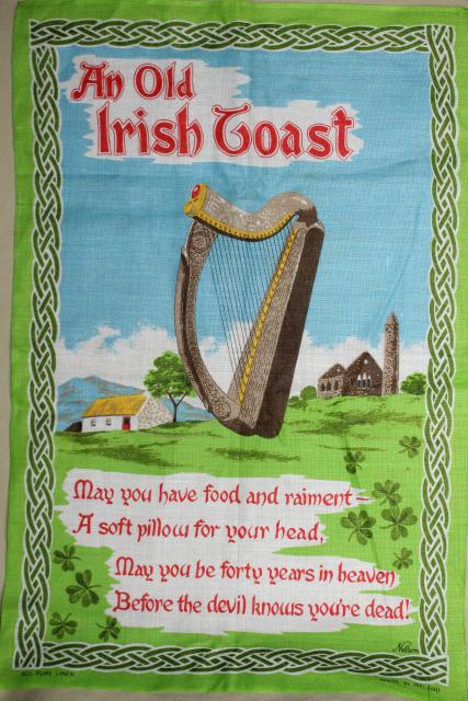 photo of vintage print linen tea towel, old Irish toast May You Be in Heaven #1