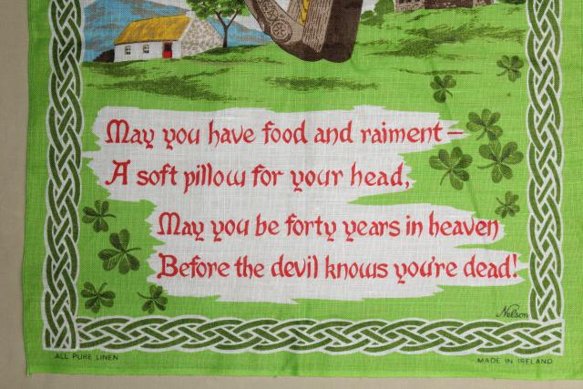 photo of vintage print linen tea towel, old Irish toast May You Be in Heaven #3