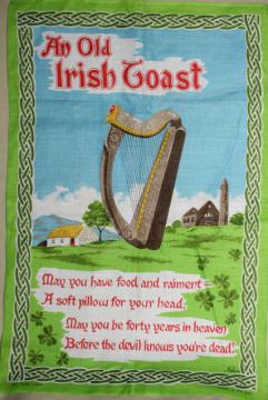 catalog photo of vintage print linen tea towel, old Irish toast May You Be in Heaven