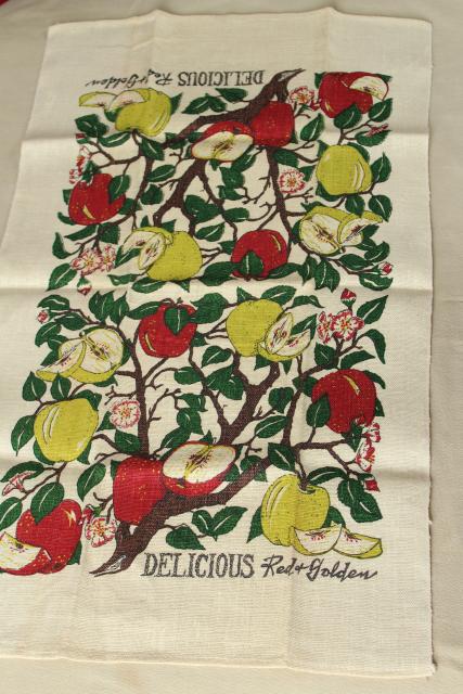 photo of vintage print linen tea towel, red and golden yellow delicious apples fruit #1