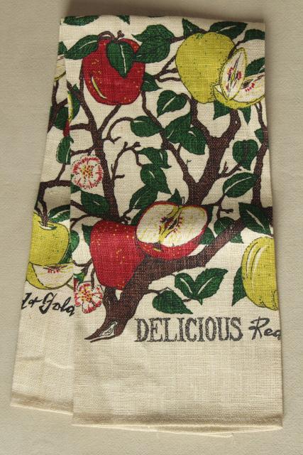 photo of vintage print linen tea towel, red and golden yellow delicious apples fruit #2