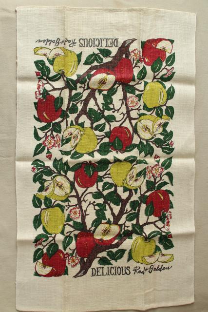 photo of vintage print linen tea towel, red and golden yellow delicious apples fruit #3