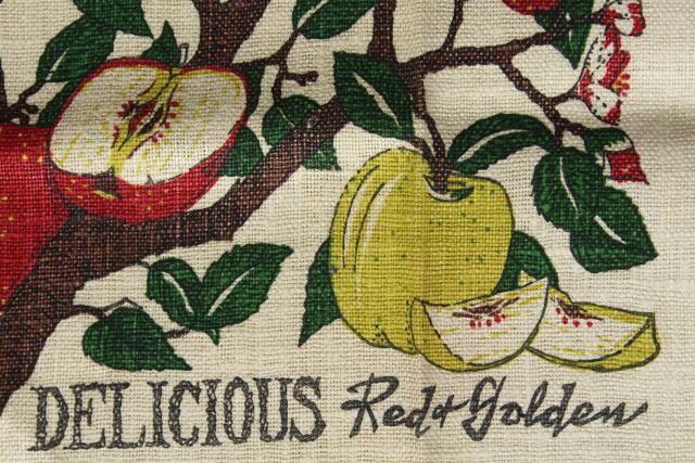 photo of vintage print linen tea towel, red and golden yellow delicious apples fruit #6