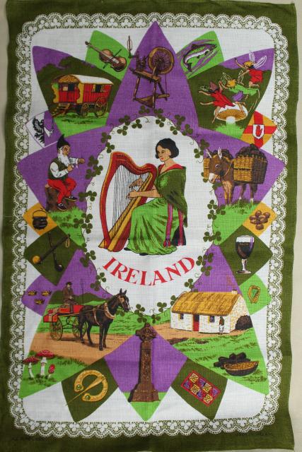 photo of vintage print linen tea towel, souvenir of Ireland, old country emblems #1