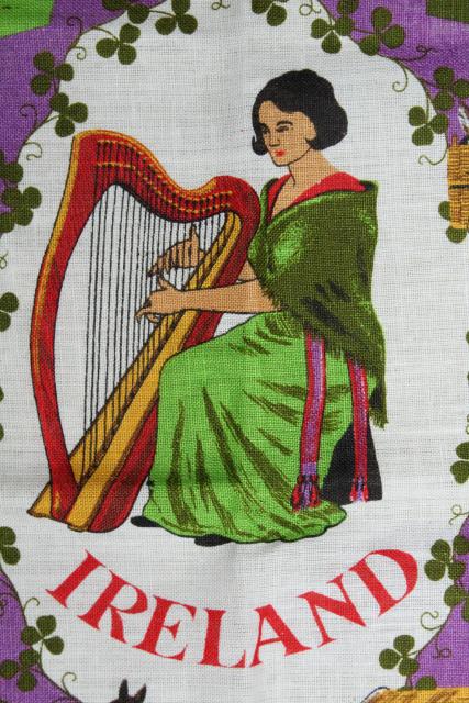 photo of vintage print linen tea towel, souvenir of Ireland, old country emblems #2