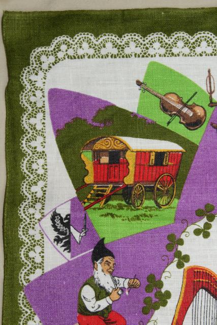 photo of vintage print linen tea towel, souvenir of Ireland, old country emblems #3
