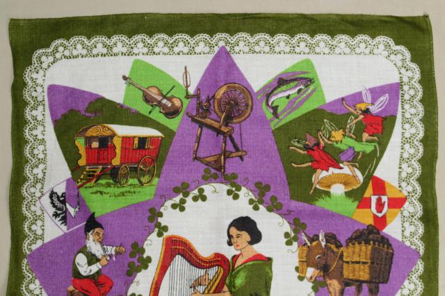 photo of vintage print linen tea towel, souvenir of Ireland, old country emblems #4