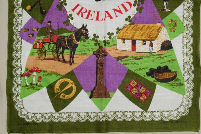 photo of vintage print linen tea towel, souvenir of Ireland, old country emblems #5