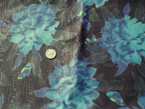 photo of vintage print moire fabric, 60s mad men era large floral on black #1