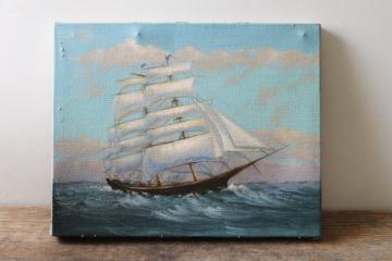 catalog photo of vintage print stretched on canvas Cutty Sark tall clipper ship sailing textured painting nautical decor 
