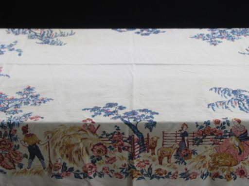 photo of vintage print tablecloth, french toile style summer harvest pastoral #1