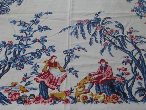 photo of vintage print tablecloth, french toile style summer harvest pastoral #3