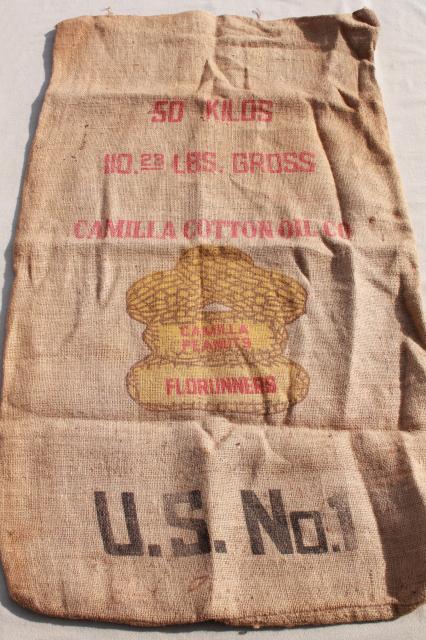 photo of vintage printed burlap Georgia peanuts bag, sack from Camilla Cotton Oil Company w/ peanut graphics #1