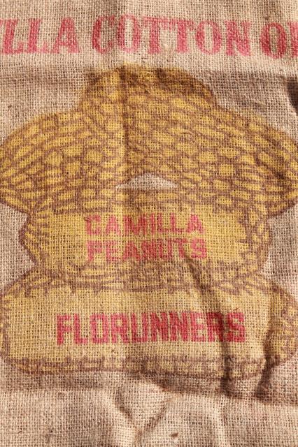 photo of vintage printed burlap Georgia peanuts bag, sack from Camilla Cotton Oil Company w/ peanut graphics #2