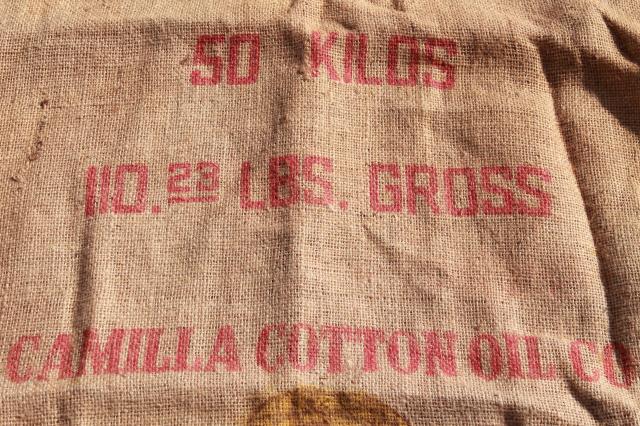 photo of vintage printed burlap Georgia peanuts bag, sack from Camilla Cotton Oil Company w/ peanut graphics #3