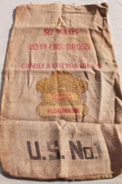 catalog photo of vintage printed burlap Georgia peanuts bag, sack from Camilla Cotton Oil Company w/ peanut graphics