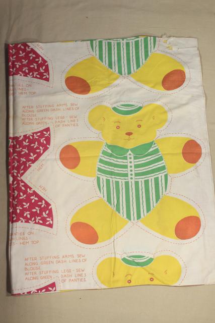 photo of vintage printed cotton fabric feed sack, toy bear to cut & sew, rare novelty print #1