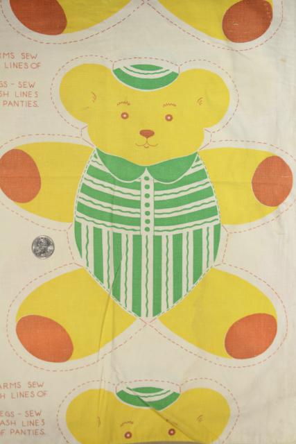 photo of vintage printed cotton fabric feed sack, toy bear to cut & sew, rare novelty print #3