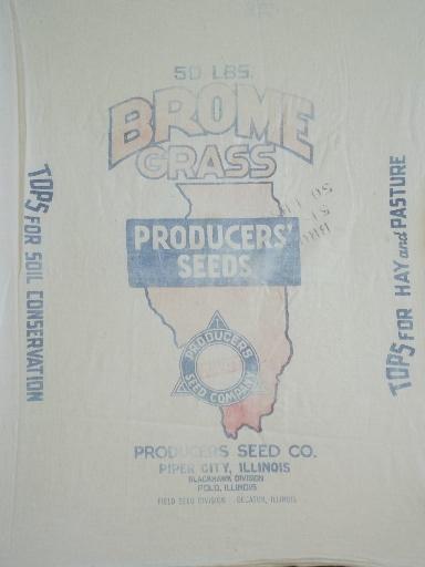 photo of vintage printed cotton farm pasture seed sack, state of Illinois graphics #1