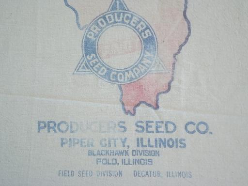 photo of vintage printed cotton farm pasture seed sack, state of Illinois graphics #2