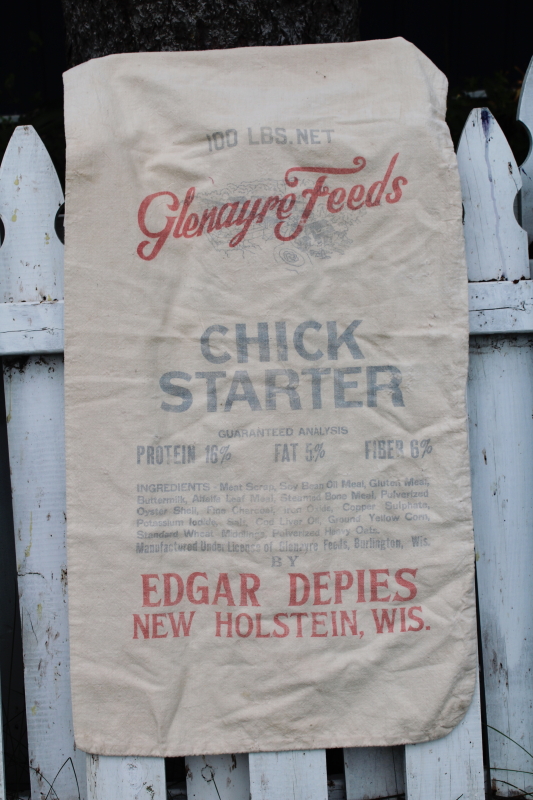 photo of vintage printed cotton feed sack Chick Starter, New Holstein Wisconsin Glenayre Feeds #1