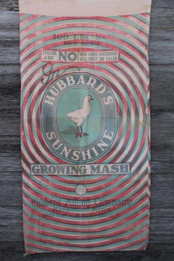 photo of vintage printed cotton feed sack advertising Hubbard's Sunshine chicken mash w/ hen #1