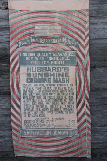 photo of vintage printed cotton feed sack advertising Hubbard's Sunshine chicken mash w/ hen #5