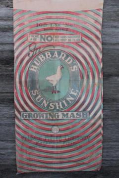 catalog photo of vintage printed cotton feed sack advertising Hubbard's Sunshine chicken mash w/ hen