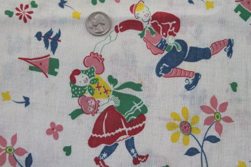 photo of vintage printed cotton feed sack fabric, bright folk art dancing boy & girl #2