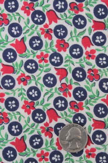 photo of vintage printed cotton feed sack fabric w/ red, blue, jade green flowered print #1