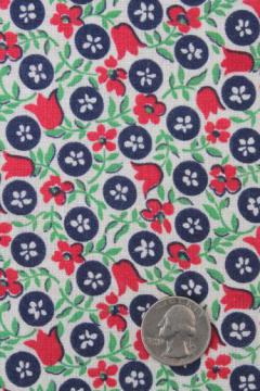 catalog photo of vintage printed cotton feed sack fabric w/ red, blue, jade green flowered print