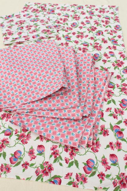 photo of vintage printed cotton feed sack kitchen towels, unused print fabric, pink flowers! #1