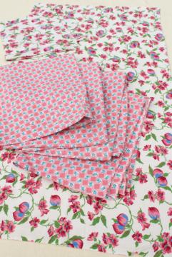 catalog photo of vintage printed cotton feed sack kitchen towels, unused print fabric, pink flowers!