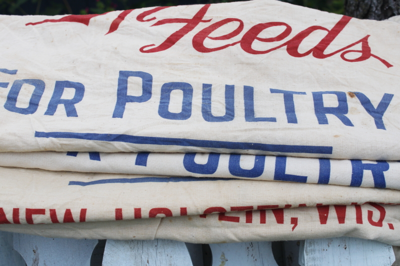 photo of vintage printed cotton feedsack fabric, feed sacks lot old farm poultry feeds advertising #2